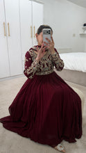 Load image into Gallery viewer, Chiffon frock style suit with sari draped duppata and hand embellishments and silk trouser. Eid collection. Party wear.