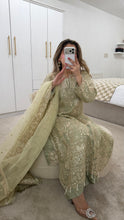 Load image into Gallery viewer, Olive / Teal/ white baroque inspired organza suit with embellishment and embroidery with organza duppata and trouser. Asian party wear suit.
