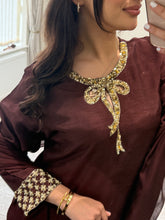 Load image into Gallery viewer, brown hand embroidered raw silk suit with farshi shalwar and chiffon duppta party wear suit