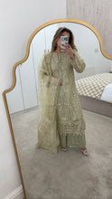 Load image into Gallery viewer, Olive / Teal/ white baroque inspired organza suit with embellishment and embroidery with organza duppata and trouser. Asian party wear suit.