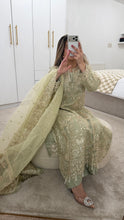 Load image into Gallery viewer, Olive / Teal/ white baroque inspired organza suit with embellishment and embroidery with organza duppata and trouser. Asian party wear suit.