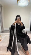 Load image into Gallery viewer, Black/pink velvet embroidered suit with velvet trouser and chiffon duppata
