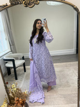 Load image into Gallery viewer, Lilac Lace net pearl embellished suit with trouser with chiffon duppata.