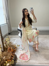 Load image into Gallery viewer, Black/ white chiffon embroidered suit with sequin embroidery and embellishments. Chiffon duppata. Eid and party wear.