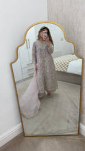 Load image into Gallery viewer, Light lilac / grey organza suit with embellishment and embroidery with duppata and trouser. Asian party wear suit.