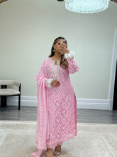Load image into Gallery viewer, Lace net pearl embellished suit with trouser with chiffon duppata.