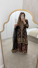 Load image into Gallery viewer, Black Organza embellished 3 piece suit with wide leg silk trouser Eid collection party wear