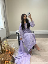 Load image into Gallery viewer, Lilac Lace net pearl embellished suit with trouser with chiffon duppata.