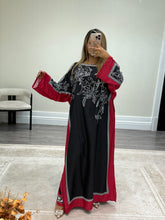 Load image into Gallery viewer, Black and pink  kaftan style long shirt with khadi net duppata and wide leg trouser
