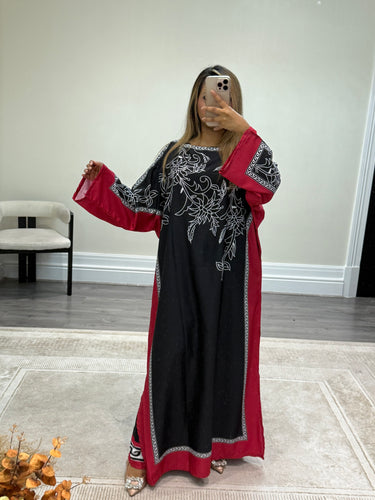 Black and pink  kaftan style long shirt with khadi net duppata and wide leg trouser