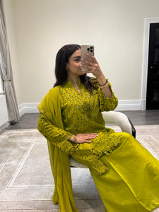 Croatia suit with embellishments and trouser. Chiffon duppata. South Asian party wear suits