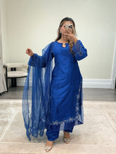 Load image into Gallery viewer, Korean raw silk suit with emrboidery and lace details. Organza duppata. Party wear. Eid collection.