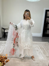 Load image into Gallery viewer, White embroidered shirt with floral print organza duppata and silk trouser