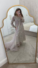 Load image into Gallery viewer, Light lilac / grey organza suit with embellishment and embroidery with duppata and trouser. Asian party wear suit.