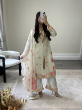 Load image into Gallery viewer, Black/ white chiffon embroidered suit with sequin embroidery and embellishments. Chiffon duppata. Eid and party wear.