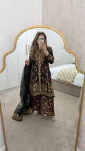 Load image into Gallery viewer, Black Organza embellished 3 piece suit with wide leg silk trouser Eid collection party wear