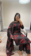 Load image into Gallery viewer, Winter printed dhanak suits with lace details and cheddar duppata. Shirt with trouser and duppata winter prints Asian casual suit (immediate dispatch)