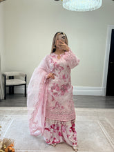 Load image into Gallery viewer, Pink floral embroidered suit with organza duppata and wide leg silk trouser. Eid collection. Party wear.