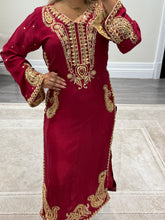 Load image into Gallery viewer, Beautiful handwork embroidered suit in red silk with cotton net duppata and trouser. Perfect wedding wear suit.