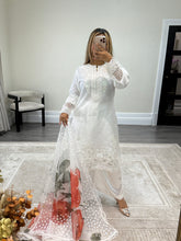 Load image into Gallery viewer, White embroidered shirt with floral print organza duppata and silk trouser
