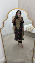 Load image into Gallery viewer, Black silk floral embroidered 3 piece suit with silk duppata