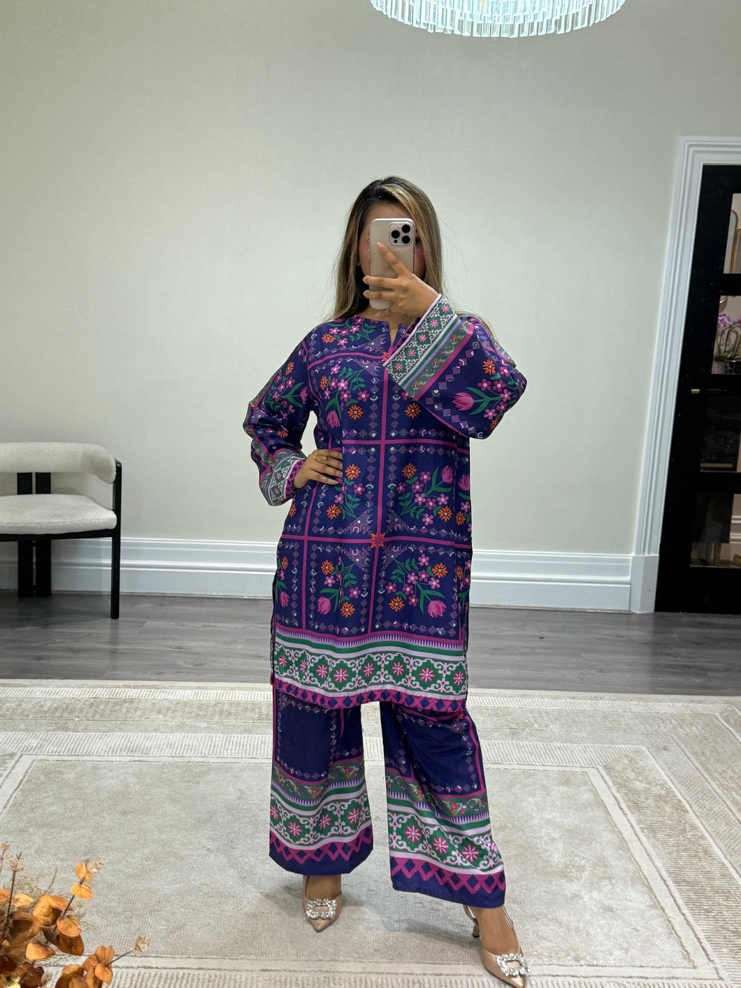 Soft khaddar  2 piece coord set. Shirt and trouser with printing detail. Soft jacquard fabric.