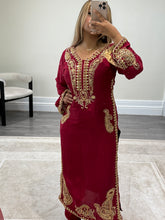 Load image into Gallery viewer, Beautiful handwork embroidered suit in red silk with cotton net duppata and trouser. Perfect wedding wear suit.