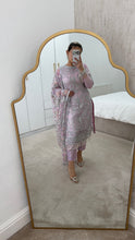Load image into Gallery viewer, Defective Lilac / silver cotton net embroidered suit with cotton net duppata and crepe trouser (Copy)