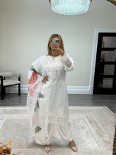 Load image into Gallery viewer, White embroidered shirt with floral print organza duppata and silk trouser