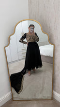Load image into Gallery viewer, Chiffon frock style suit with sari draped duppata and hand embellishments and silk trouser. Eid collection. Party wear.