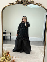 Load image into Gallery viewer, Organza cutwork embroidered shirt with wide leg silk plazzo and medium silk duppata. Eid collection