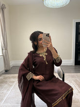 Load image into Gallery viewer, brown hand embroidered raw silk suit with farshi shalwar and chiffon duppta party wear suit