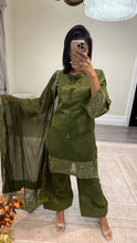 Load image into Gallery viewer, Vanya inspired silk embroidered suit with sequin embroidery and embellishments. Chiffon duppata. Eid and party wear.