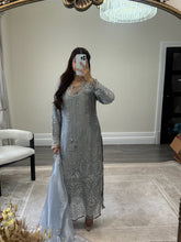 Load image into Gallery viewer, Cutdana grey/blue suit with embroidered cotton net duppata and trouser. Party wear. Eid collection.
