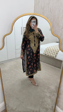 Load image into Gallery viewer, Black silk floral embroidered 3 piece suit with silk duppata