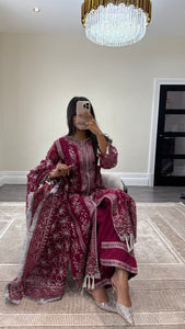 Sameera - Organza heavily embroidered suit with lace embroidery detailing and tassel finish fully embroidered duppata