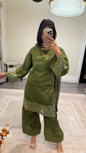 Load image into Gallery viewer, Vanya inspired silk embroidered suit with sequin embroidery and embellishments. Chiffon duppata. Eid and party wear.