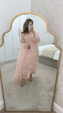 Load image into Gallery viewer, Korean raw silk suit with emrboidery and lace details. Organza duppata. Party wear. Eid collection.