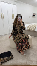 Load image into Gallery viewer, Black Organza embellished 3 piece suit with wide leg silk trouser Eid collection party wear