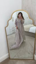 Load image into Gallery viewer, Light lilac / grey organza suit with embellishment and embroidery with duppata and trouser. Asian party wear suit.