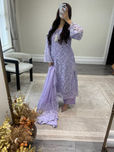 Load image into Gallery viewer, Lilac Lace net pearl embellished suit with trouser with chiffon duppata.