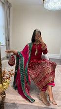Load image into Gallery viewer, Sparkle red velvet embroidered suit with silk trouser and chiffon duppata