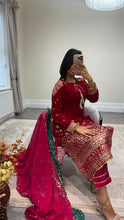 Load image into Gallery viewer, Sparkle red velvet embroidered suit with silk trouser and chiffon duppata