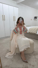 Load image into Gallery viewer, Cotton silk handwork suit in  off white with colourful embroidery and silk duppata