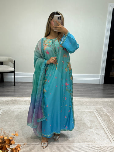 Ombré long fusion suit with Khadi net duppata and trouser. Casual suit. Date night outfit.