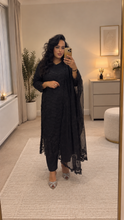Load image into Gallery viewer, Black embroidered chiffon suit with embroidered and chiffon duppata