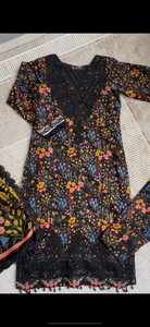 Maria B inspired embroidered lawn suit black floral with chiffon duppata