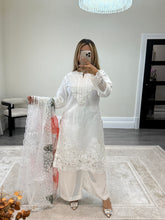 Load image into Gallery viewer, White embroidered shirt with floral print organza duppata and silk trouser