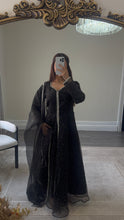 Load image into Gallery viewer, Mahira khan black sparkle suit with open gown style shirt. Duppata and trouser.