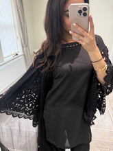 Load image into Gallery viewer, Crochet sleeve shirt with farshi shalwar and silk duppata with pearl finishing throughout